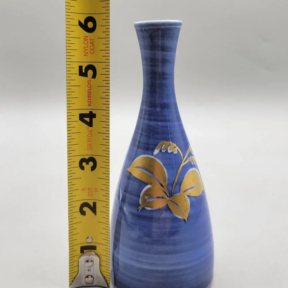 Japanese Porcelain Bud Vase Blue With Gold Floral Design